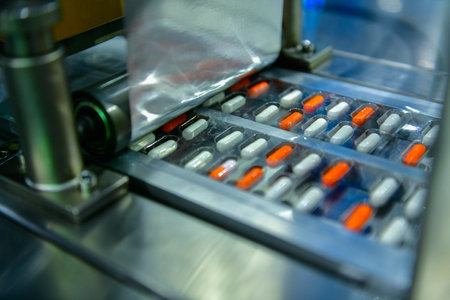 Capsule medicine pill production line, Industrial pharmaceutical concept.の写真素材