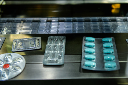 Close-up of blue pills in blister pack on conveyor beltの写真素材