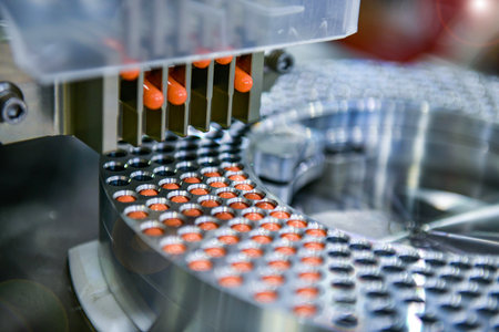 Capsule medicine pill production line, Industrial pharmaceutical concept.