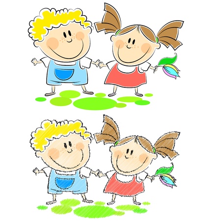 boy and girl holding hands, drawing and scribblingのイラスト素材