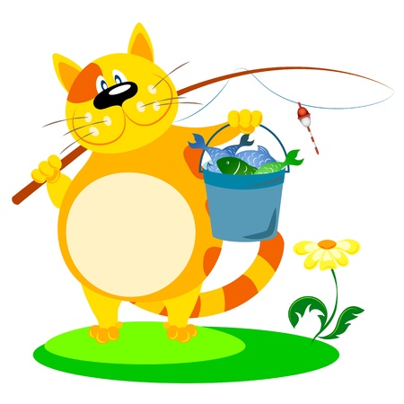 cat with a fishing rod and fishのイラスト素材