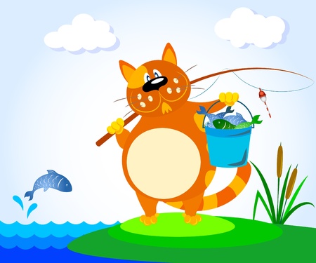cat with a fishing rod on the Riverのイラスト素材
