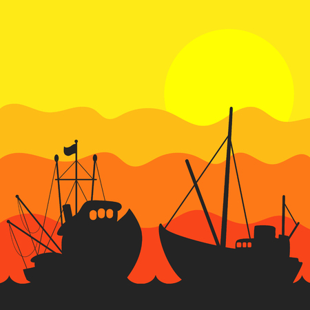 Silhouettes of fishing boats on the background of sunsetのイラスト素材