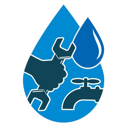 Repair plumbing and water supply systems, and a drop of hand with a wrenchのイラスト素材