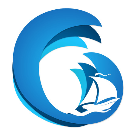 Sailboat in blue waves travel symbol on a white backgroundのイラスト素材