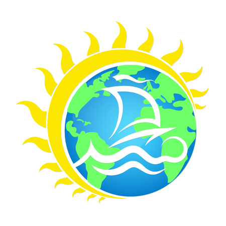 Sailboat on the waves of sun and earth travel on a white backgroundのイラスト素材