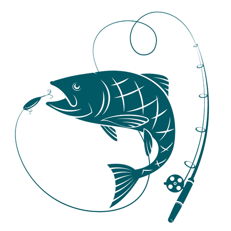Fish and fishing rod. Silhouettes for sport fishing.のイラスト素材