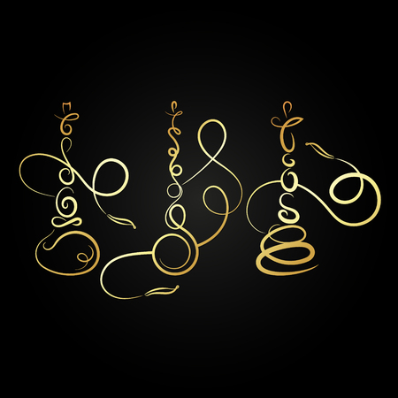 Three abstract golden hookah silhouettes for vectorのイラスト素材