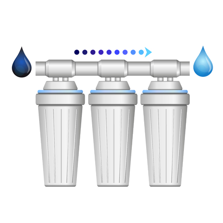 Water purification system for the house. Three filters and drops of water.のイラスト素材