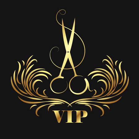 Vip beauty salon and hairdresser. Scissors and ornament symbol.のイラスト素材