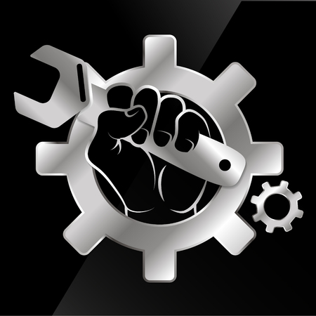 Spanner in hand and metal gear for repairのイラスト素材