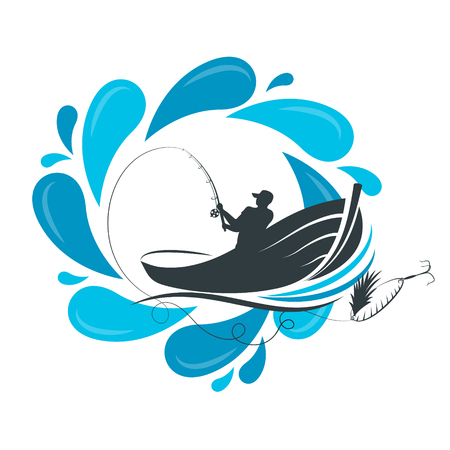 Fisherman in a boat with a fishing rod and a drop of water illustrationのイラスト素材