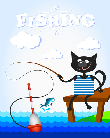 Cat with a fishing rod on a fishing fun illustrationのイラスト素材