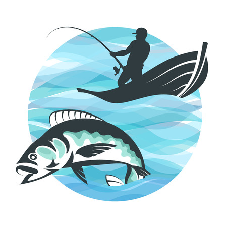 Fisherman in a boat and fish on a background of blue wavesのイラスト素材