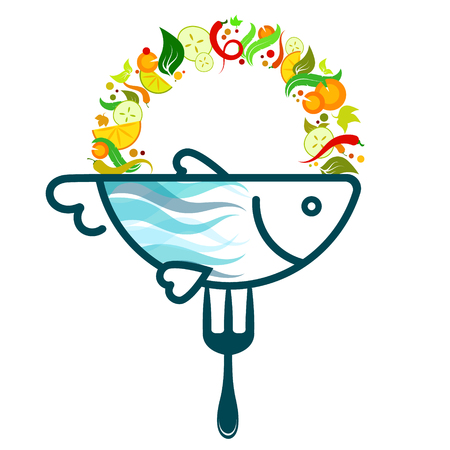 Fish food on a fork with vegetables vectorのイラスト素材