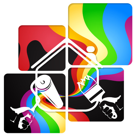 Painting house with paint roller and brush in hand Vector illustration.のイラスト素材