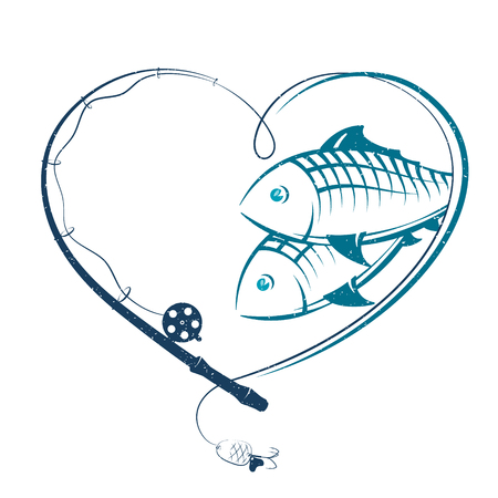 Fishing rod in the shape of heart and fish silhouetteのイラスト素材