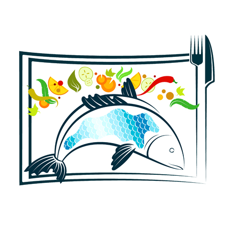 Fish on a plate with spices and cutleryのイラスト素材