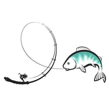 Fishing rod with catch fish silhouetteのイラスト素材
