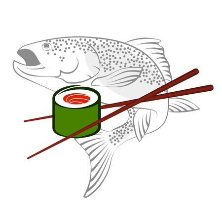 Salmon and rolls with chopsticks silhouette for eatingのイラスト素材