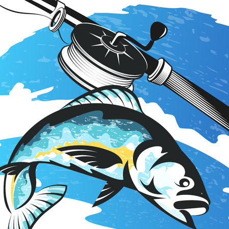 Fishing rod and fish on blue wavesのイラスト素材