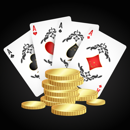 Playing cards aces and golden coins on black backgroundのイラスト素材