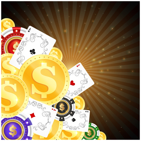 Gold coins, playing cards and casino chips for gamblingのイラスト素材