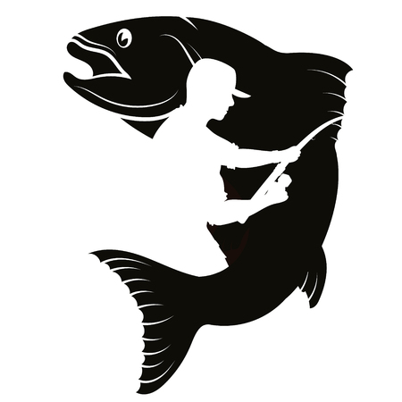 Fish and fisherman with a fishing rod silhouette vectorのイラスト素材