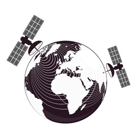Two satellites transmit a signal to the globeのイラスト素材