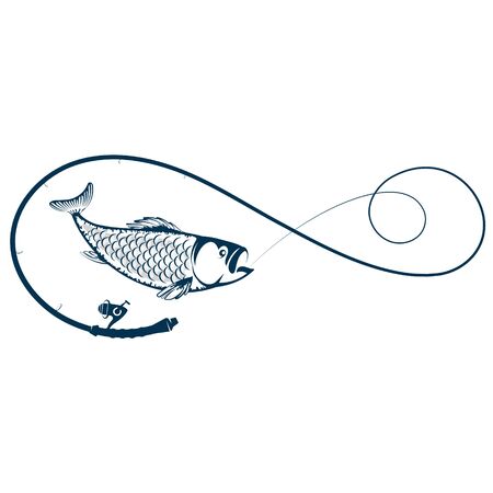 Fish caught on fishing rod silhouetteのイラスト素材