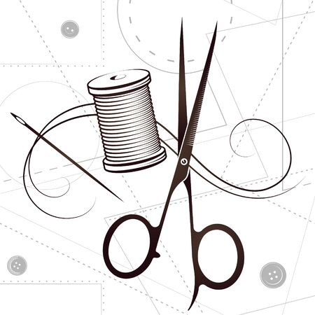 Silhouette scissors and needle with thread for cutting and sewingのイラスト素材