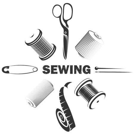 Sewing and cutting needle with thread and different tools symbolのイラスト素材