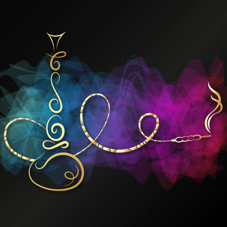 Golden hookah on black background with smoke pattern design for relaxation