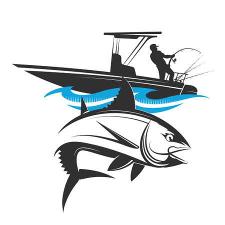 Motor boat with fishing rods and spinning on the wave symbolのイラスト素材