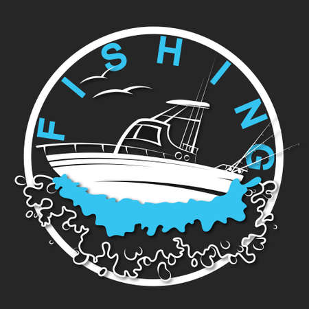 Motor boat with fishing rods and spinning on the wave symbolのイラスト素材