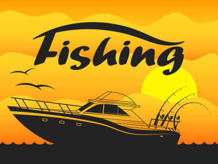 Motor boat with fishing rods and spinning on the wave symbolのイラスト素材