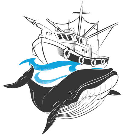 Whaling ship on waves and whaleのイラスト素材