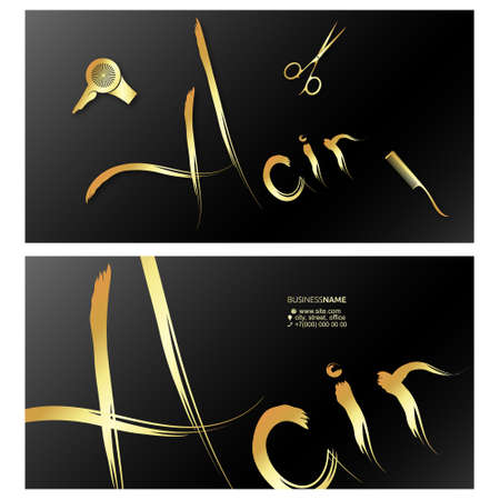 Scissors comb and hair curls golden black backgroundのイラスト素材