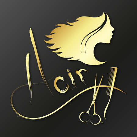 Scissors comb and hair curls golden black backgroundのイラスト素材
