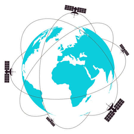 Communication satellites gps fly over the planet symbolのイラスト素材