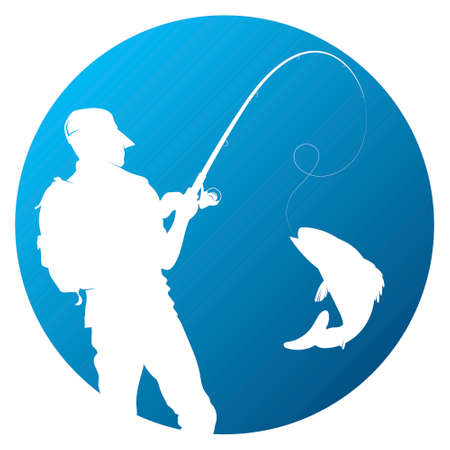 Fisherman catches fish symbol in blue circleの写真素材