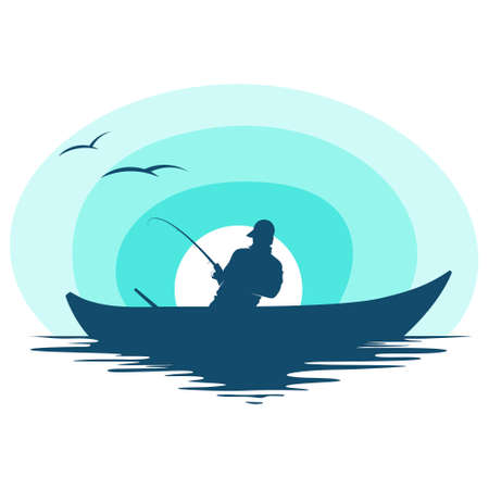 Fisherman with a fishing rod in a boat. Fishing on a sunset symbol backgroundの写真素材