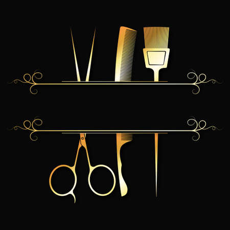 Golden scissors comb and brush. Creative symbol for beauty salon and stylistのイラスト素材