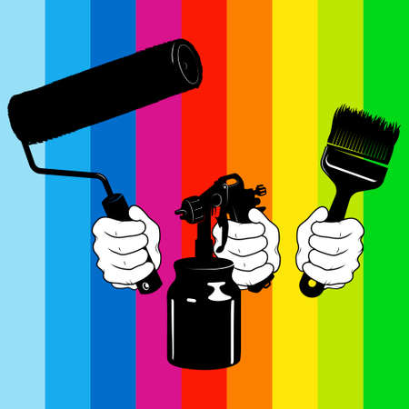Spray gun brush and roller. Painter tool on a rainbow backgroundのイラスト素材