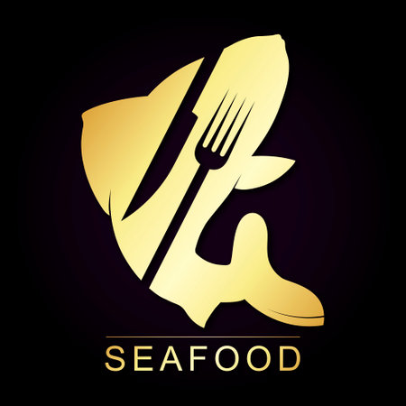 Design for sea food. Fork and knife on the background of golden fishの写真素材
