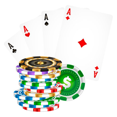 Four ace cards and colored casino game chips