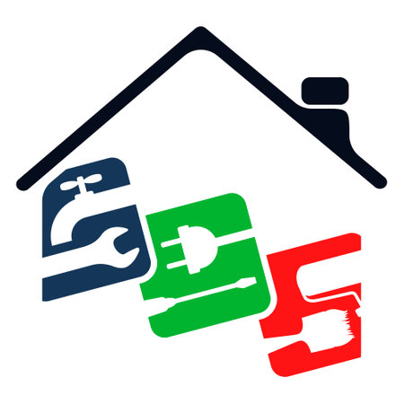 Sign painting, plumbing and electricity under the roof of the houseのイラスト素材