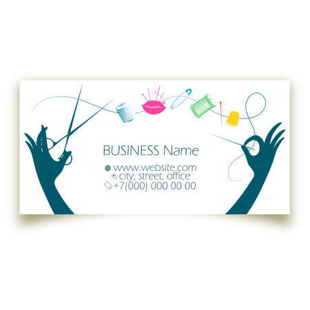 Unique business card for tailor and seamstress. Needle and thread in hand. Sewing tools andのイラスト素材
