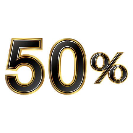 Discount minus 50 percent, golden shiny numbers symbol element. Special offer price reduction message promotion store designのイラスト素材