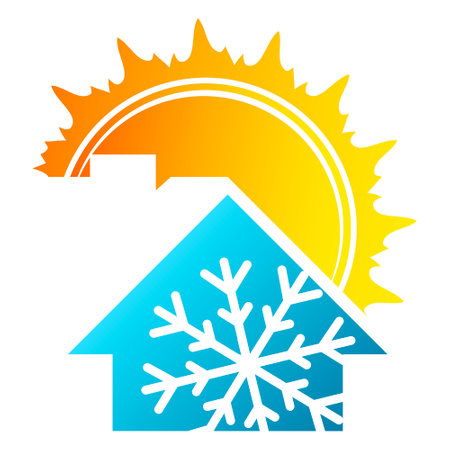 Home air conditioning symbol. Sun heating and snowflake cooling the houseのイラスト素材